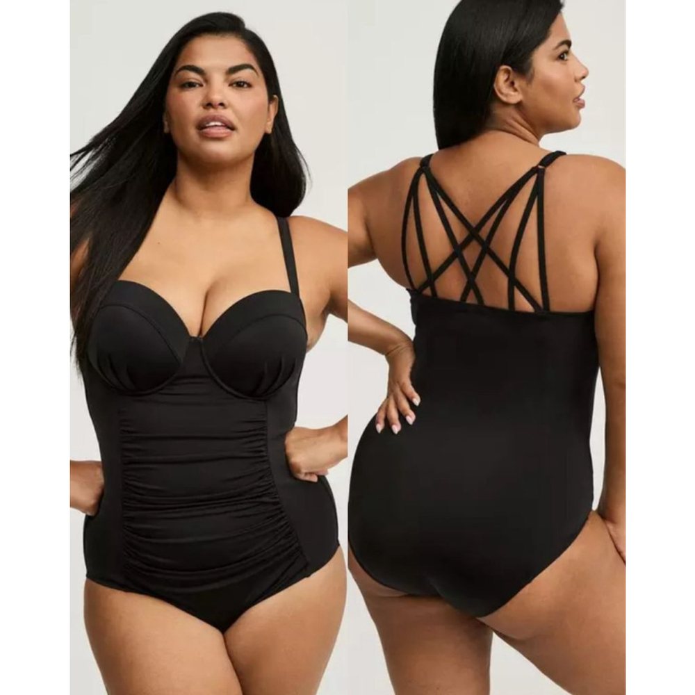 NWT Torrid 4X Black Slim Fix Underwire Strappy Back One Piece Swimsuit Slimming